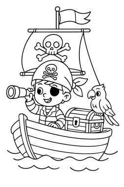 Siyah çizgili çocuklar için korsan macera boyama sayfası, korsan gemisi, papağan ve hazine sandığı, beyaz arka planda izole edilmiş, çocuklar için eğlence aktivitesi, karikatür çizimi.