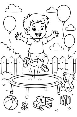 Oyuncak ve balonlarla trambolinde zıplayan neşeli çocuklar için siyah ve beyaz renkli sayfalar. Eğlence konsepti, oyun zamanı, aktivite, açık hava, çocukluk sevinci.