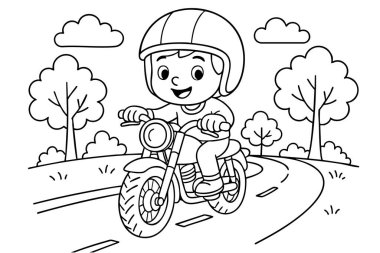 Doğada ağaçlar ve bulutlarla motosiklet süren çocukların ana hatları. Çocuk aktivitesi konsepti, macera, açık hava eğlencesi, grafik çizimi, basılabilir sanat.