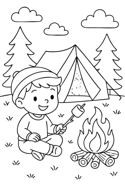 Kamp yapan, çadır ve kamp ateşi olan siyah renkli çocuk sayfası, grafik illüstrasyon. Açık hava aktiviteleri konsepti, doğa, çocuklar için macera, eğitim eğlencesi.