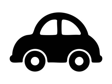 Beyaz arka planda siyah oyuncak araba silueti, grafik çizim. Simge konsepti, çocuk oyuncağı, şirin araç tasarımı, otomotiv logosu, oyuncak koleksiyonu, tasarım unsuru.