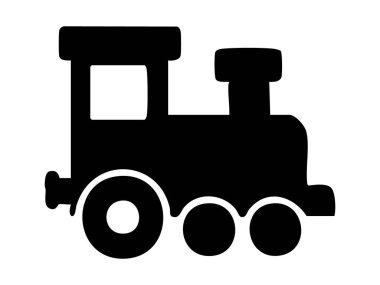 Beyaz arka planda siyah oyuncak tren silueti var. Çocuk oyuncağı, lokomotif ikonu, çocukluk oyuncağı, basit tasarım, oyuncu unsur, nostalji teması.