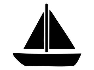 Siyah çocuk silueti beyaz arka planda izole edilmiş basit geometrik tasarımı olan bir yelkenli. Deniz ikonu, yelkencilik, deniz teması, deniz yolculuğu, macera, logo konsepti.