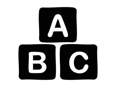 Alfabe bloklarının siyah silueti, A, B, C harfleriyle, beyaz arkaplanda izole edilmiş, grafik simgesi. Eğitim, öğrenim, çocuklar, oyuncaklar, erken gelişim, çocuk odası dekorasyonu.