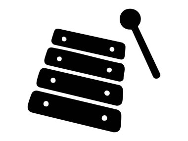 Siyah çocuk silueti oyuncak ksilofon ve tokmak beyaz arka planda izole edilmiş, grafik illüstrasyon. Müzik aleti konsepti, perküsyon, müzik simgesi, logo, tasarım ögesi.