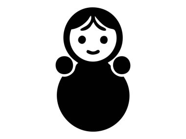 Beyaz arka planda izole edilmiş klasik matryoshka bebeğinin siyah silueti. Geleneksel Rus yuva kurma bebeği, sevimli oyuncak, kültürel ikon, tasarım unsuru, dekor, hediye.
