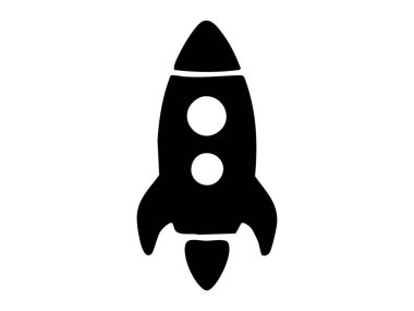 Beyaz arka planda izole edilmiş siyah oyuncak roket ikonu. Uzay, keşif, tasarım unsuru, fütüristik seyahat, yenilik, macera, çocukluk hayal gücü kavramı.