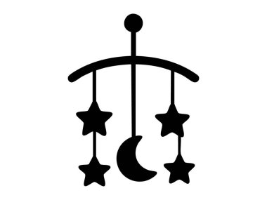 Beyaz arka planda izole edilmiş yıldızlı ve aylı bebek beşiğinin siyah silueti. Çocuk dekorasyonu, bebek arabası, yatak odası ikonu, çocuk odası dekorasyonu, grafik sanatları..