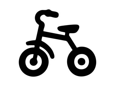 Siyah çocuk silueti oyuncak bisiklet, beyaz arka planda izole edilmiş, grafik çizim. Çocuk oyunu, bisiklet, klasik oyuncaklar, ikon, tasarım elementi konsepti.