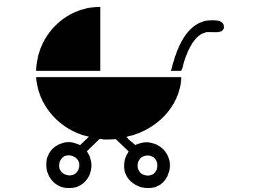 Siyah çocuk silueti oyuncak bebek arabası, beyaz arka planda izole edilmiş, grafik çizimi. Bebek arabası konsepti, bebek arabası, çocuk taşımacılığı, simge, logo, tasarım unsuru.