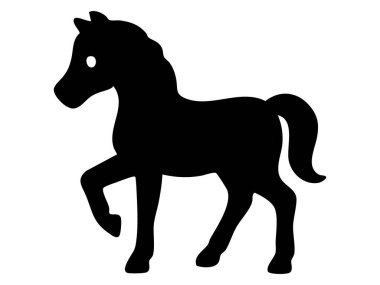 Beyaz arka planda izole edilmiş siyah oyuncak at silueti, grafik çizim. Hayvan konsepti, at ikonu, at tasarım unsuru, doğa sembolü, logo, sevimli hayvan sanatı.