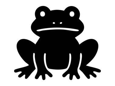 Siyah çocuk silueti, beyaz arka planda izole edilmiş oyuncak kurbağa, grafik çizim. Amfibi, vahşi yaşam, doğa ikonu, hayvan logosu, tasarım elementi konsepti.