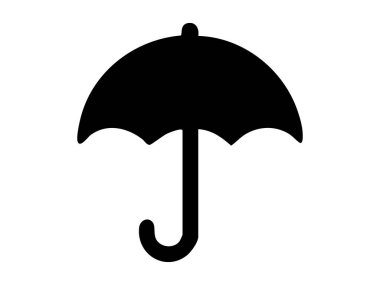 Beyaz arkaplanda izole edilmiş siyah şemsiye simgesi, grafik çizimi. Yağmurlu hava konsepti, yağmur koruması, muson, açık hava aksesuarı, logo, tasarım unsuru.