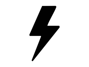 Beyaz arkaplanda izole edilmiş siyah bir yıldırım silueti, grafik simgesi. Hava sembolü konsepti, fırtına göstergesi, elektrik logosu, güç tasarım unsuru, simge.