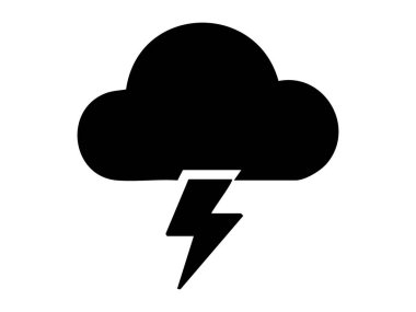 Beyaz arkaplanda izole edilmiş şimşek ikonlu siyah bulut silueti, grafik çizim. Hava durumu, fırtına, meteoroloji, iklim, sembol, tahmin, işaret.