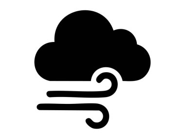Beyaz arka planda izole edilmiş rüzgar ve bulutlu siyah hava ikonu, grafik çizimi. Hava durumu, meteoroloji, doğa sembolü, iklim ikonu, tasarım elementi konsepti.