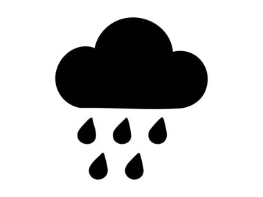 Beyaz arkaplanda izole edilmiş yağmur damlaları ikonlu siyah bulut silueti, grafik çizimi. Hava, fırtına, yağmur, yağış, iklim sembolü, logo, tasarım elementi kavramı.