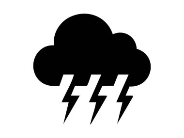 Beyaz zemin üzerinde yıldırımlar izole edilmiş siyah fırtına bulutu. Hava durumu, fırtına ikonu, doğa sembolü, grafik element, hava durumu.