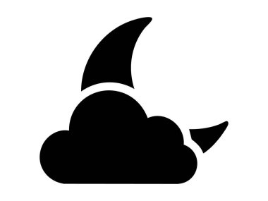 Bulutların arkasındaki siyah ay silueti, beyaz arka planda izole edilmiş hava ikonu. Gece konsepti, ay ışığı, meteoroloji, tahmin sembolü, tasarım elementi, gece gökyüzü.