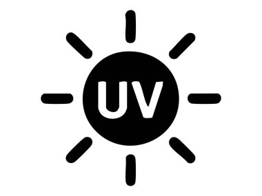 Siyah siluet uv güneş ikonu beyaz arkaplanda izole edildi. Hava durumu, ultra menekşe, güneş ışığı, güvenlik, güneş koruması, tasarım elementi, sembol, yaz, illüstrasyon, uyarı.