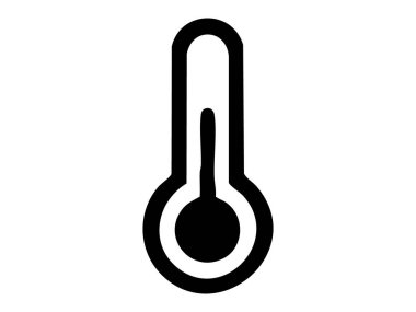 Beyaz arka planda izole edilmiş, termometre simgesinin siyah silueti. Hava durumu, sıcaklık, iklim, ısı ölçümü, sıcak, soğuk, sağlık bilimleri grafik sembolü