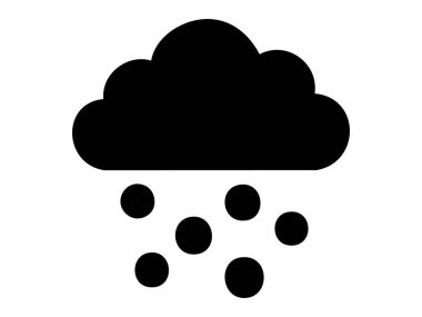 Dolu bulutu ikonunun siyah silueti beyaz arka planda izole bir şekilde düşen dolu taşlarıyla. Meteoroloji, dolu, yağış, iklim tahmini, fırtına sembolü kavramı.