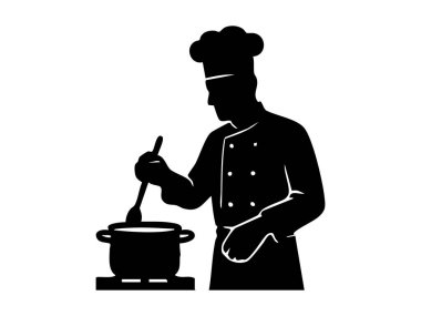 Beyaz arka planda izole edilmiş, tencereyle pişirilen şefin siyah silüeti. Aşçılık, gastronomi, mutfak, aşçılık, aşçılık, yemek hazırlama, ikon, logo, tasarım elementi.
