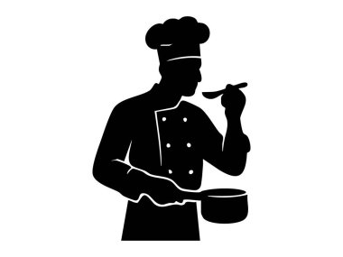 Siyah siluet, beyaz arka planda izole bir şekilde ottan yemek tadıyor. Yemek pişirme, aşçılık, profesyonel mutfak, gastronomi, yemek tatma, kafe, logo tasarımı..