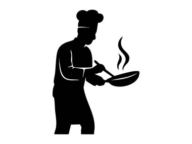Buharlı tavayla pişirilen siyah aşçı silueti, beyaz arka planda izole edilmiş. Yemek pişirme, aşçılık, profesyonel aşçılık, mutfak, gıda endüstrisi, logo, tasarım unsuru.