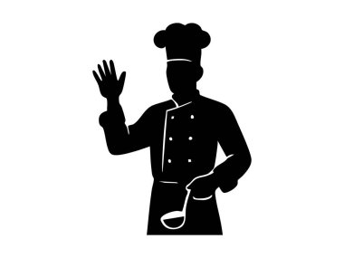 Aşçının siyah silueti mutfak aletleri ve el sallama, beyaz arka planda izole edilmiş. Yemek pişirme, mutfak sanatı, profesyonel aşçı, mutfak, tasarım unsuru.