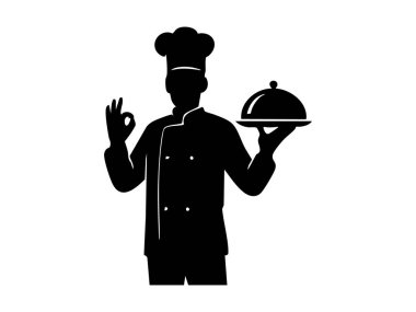 Şefin siyah silueti kaplanmış tabak tutuyor ve beyaz arka planda izole bir şekilde 