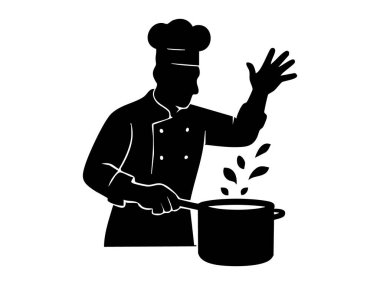 Beyaz arka planda izole edilmiş, tencereyle pişirilen şefin siyah silüeti. Yemek pişirme, gurme, aşçılık, restoran, profesyonel aşçı, mutfak, ikon, logo, tasarım elementi.