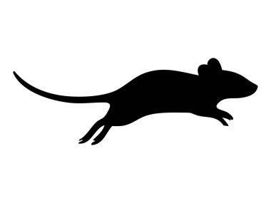 Beyaz arka planda hareket eden bir farenin siyah silueti, izole edilmiş görüntü. Hayvan, vahşi yaşam, kemirgen, hareket, ikon, logo, tasarım elementi konsepti.