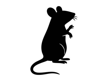 Beyaz arka planda izole edilmiş, dik duran siyah fare silueti. Kemirgen konsepti, küçük hayvan, vahşi yaşam, ikon, logo, tasarım unsuru, illüstrasyon.