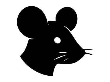 Beyaz arka planda izole edilmiş siyah fare silueti, yan görünüm. Kemirgen konsepti, hayvan simgesi, logo, basit tasarım unsuru, vahşi yaşam, haşere kontrolü, grafik çizimi.