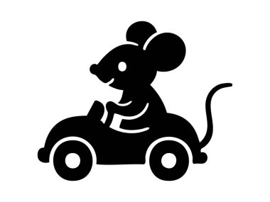 Beyaz arka planda izole edilmiş siyah fare sürücüsü oyuncak araba silueti. Oyun zamanı konsepti, hayvan karakteri, sevimli illüstrasyon, tasarım unsuru, simge, ulaşım hayal gücü.