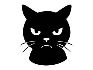 Beyaz arka planda izole edilmiş öfkeli ve anlamlı duyguları olan kedi yüzlü siyah bir siluet. evcil hayvan, kedi havası, ürkütücü ikon, kedi ifadesi, logo, tasarım elementi.