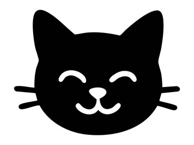 Gülümseyen kedi yüzünün siyah silueti, beyaz arka planda izole edilmiş, mutlu duygular taşıyor. evcil hayvan, kedi ifadesi, sevimli kedi yavrusu, duygu simgesi, logo tasarımı, oyuncu illüstrasyon.