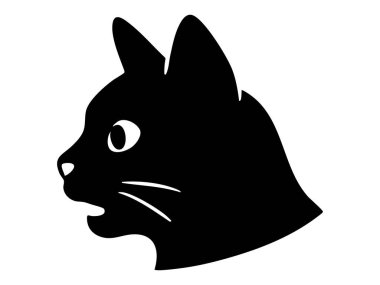Kedi suratının siyah silueti, beyaz arka planda izole edilmiş, şaşırtıcı duygular gösteriyor. evcil hayvan, kedi ifadesi, sevimli kedi yavrusu, ruh hali, hayvan ikonu, logo, tasarım elementi.