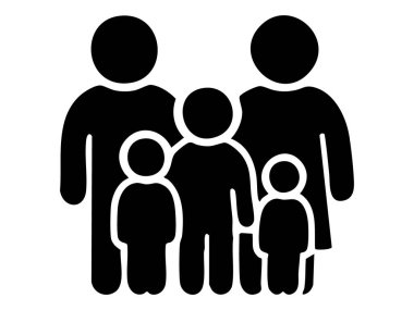 Siyah aile silueti. Beyaz arka planda iki yetişkin ve üç çocuk yan yana duruyor. Aile konsepti, birlik, ebeveynlik, sosyal grup, toplum.