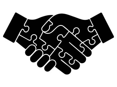 Beyaz arkaplanda izole edilmiş yapboz tokalaşma ikonunun siyah silueti. bağlantı konsepti, ortaklık, takım çalışması, anlaşma, işbirliği, sembol, tasarım unsuru.