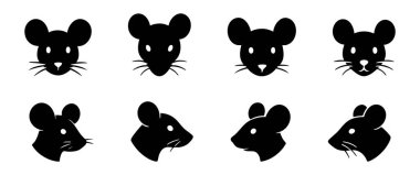 Beyaz arkaplanda izole edilmiş siyah siluet fare yüzleri. Simge, logo, kemirgen çizimi, sevimli hayvan, tasarım unsuru, grafik sanat, çizgi film karakteri konsepti.