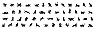 Beyaz arka planda izole edilmiş siyah kedi ve kedi yavrusu siluetleri koleksiyonu. Evcil hayvan konsepti, sevimli kediler, evcil hayvan, oyun zamanı, tasarım unsuru. Ayarla.