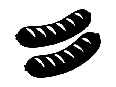 Beyaz arka planda izole edilmiş iki ızgara sosisli siyah siluet. Yemek, barbekü, et, ızgara, ikon, piknik, mutfak tasarımı unsuru.