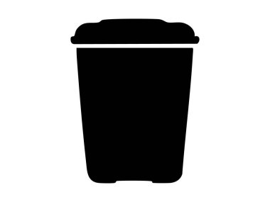 Çamaşır sepetinin siyah silueti beyaz arka planda izole edilmiş. Ev konteynırı, giysi deposu, çamaşır odası aksesuarı, ev organizasyonu simgesi kavramı.