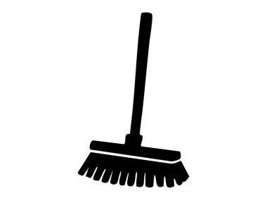 Siyah süpürge silueti beyaz arka planda izole edilmiş, resimli. Temizlik aracı, ev eşyası, temizlik, temizlik, temizlik malzemesi, simge, logo, tasarım ögesi kavramı.