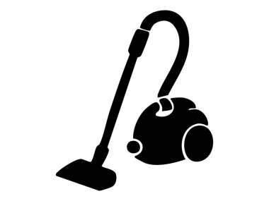 Elektrik süpürgesinin siyah silueti, beyaz arka planda izole edilmiş. Ev idaresi, temizlik aletleri, ikon, logo, ev işi, tasarım unsuru.