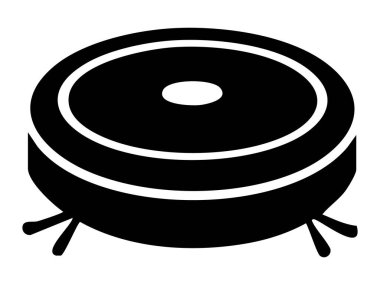 Beyaz arka planda izole edilmiş siyah robot elektrikli süpürge silueti. Temizlik teknolojisi konsepti, akıllı ev aletleri, simge, logo, fütüristik cihaz tasarım unsuru.