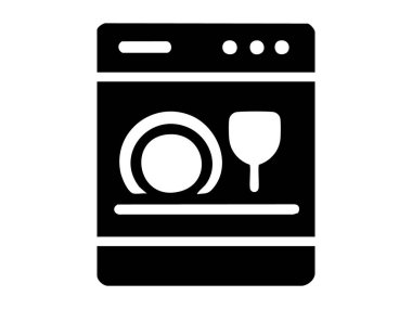 Bulaşık makinesinin siyah silueti, beyaz arka planda izole edilmiş, plaka ve cam ikon ile. Mutfak gereçleri, ev işleri, temizlik, ev, hizmet, tasarım unsuru.