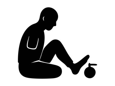 Kolu kesilmiş sakat bir adamın silueti yerde oturuyor ve beyaz arka planda izole bir şekilde ayakları üzerinde duran objeyi tutuyor. Engellilik kavramı, adaptasyon, esneklik, kapsayıcı tasarım.